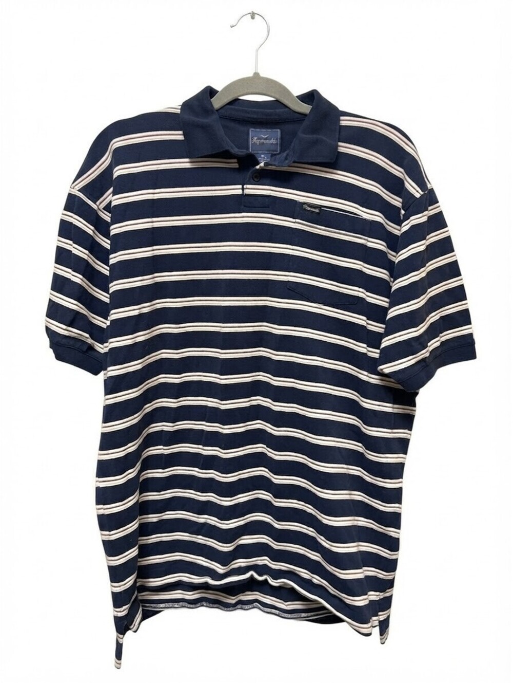 Façonnable Polo Shirt Mens XL Navy Blue White Striped Pocket Short Sleeve Cotton